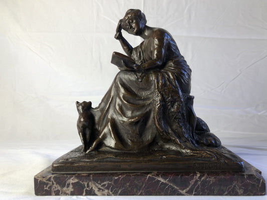 Scultura in bronzo ragazza con gatto firmata Roberto Negri